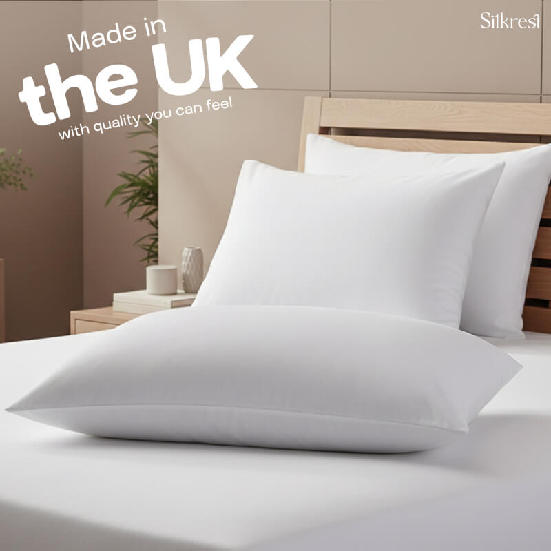 Two pristine white Silkrest pillows arranged on a modern bed, highlighting premium UK manufacturing and quality